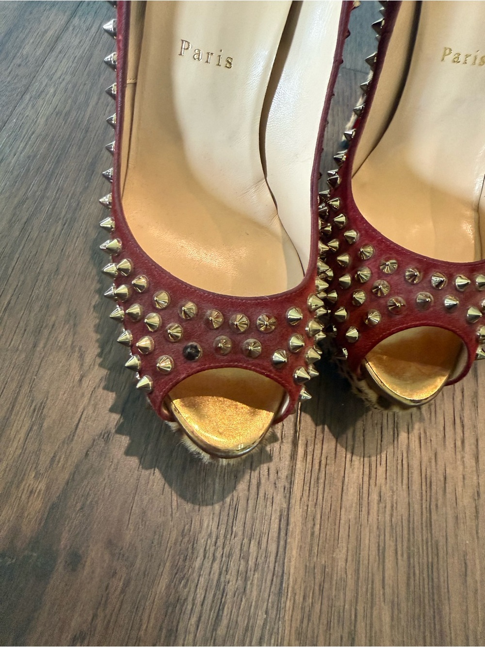 Christian Louboutin Red Studded Leopard-Trim High Heel Pumps - Picture 6 of 7